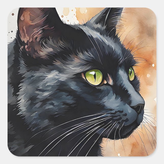 Watercolor Portrait of Black Cat Green Eyes Pose Square Sticker (Front)