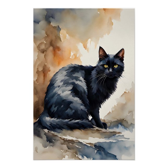 Watercolor Portrait of Black Cat Pose Poster (Front)