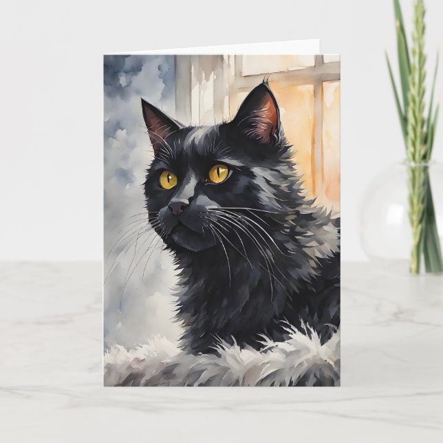 Watercolor Portrait of Black Cat Pose Windows Card (Front)