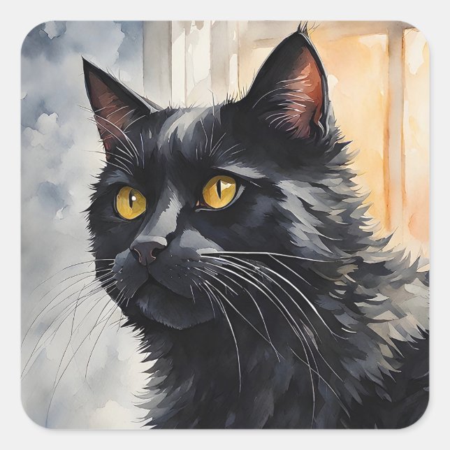 Watercolor Portrait of Black Cat Pose Windows Square Sticker (Front)