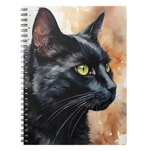 Watercolor Portrait of Black Cat Profile Pose Notebook (Front)