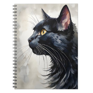Watercolor Portrait of Black Cat Profile Pose Notebook