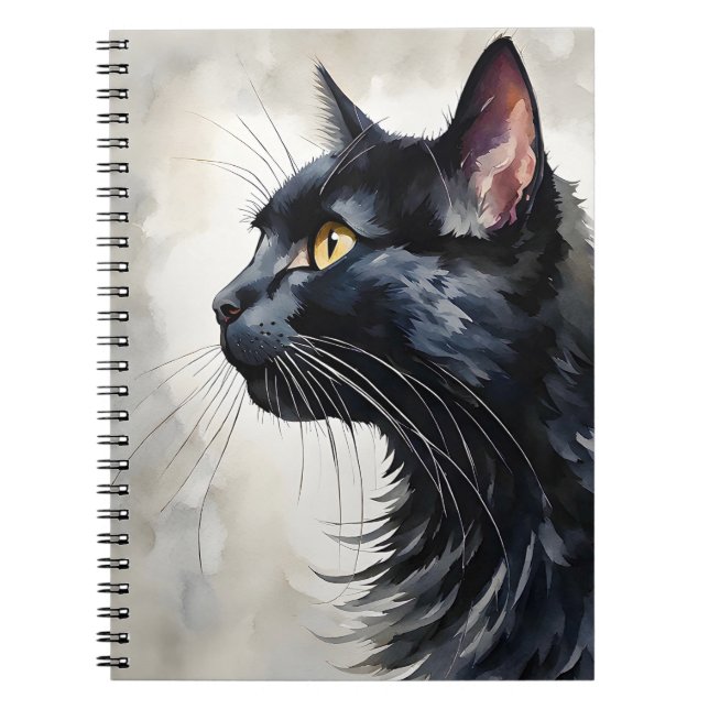 Watercolor Portrait of Black Cat Profile Pose Notebook (Front)