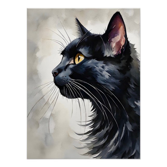 Watercolor Portrait of Black Cat Profile Pose Poster (Front)