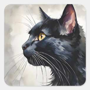 Watercolor Portrait of Black Cat Profile Pose Square Sticker