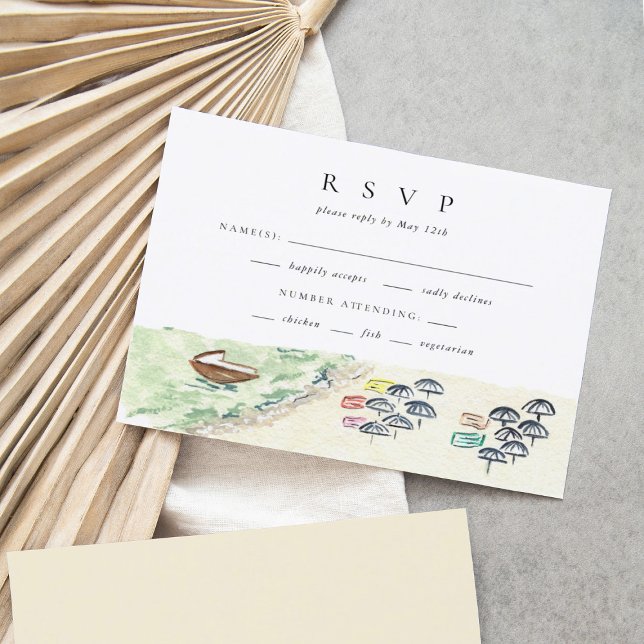 Watercolor Positano Italy Destination Wedding RSVP Card (Watercolor beach scene from Positano Italy destination wedding RSVP response cards.)
