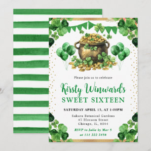 Watercolor Pot of Gold St Patrick's Sweet 16 Invitation