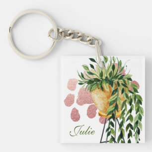 Watercolor Pothos Plant Script Name Key Ring