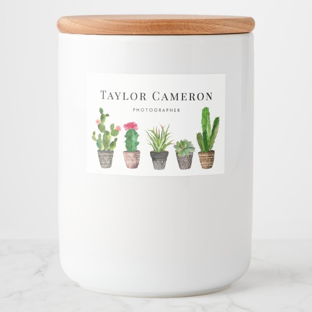 Watercolor Potted Cactus and Succulents Business Food Label (Front)