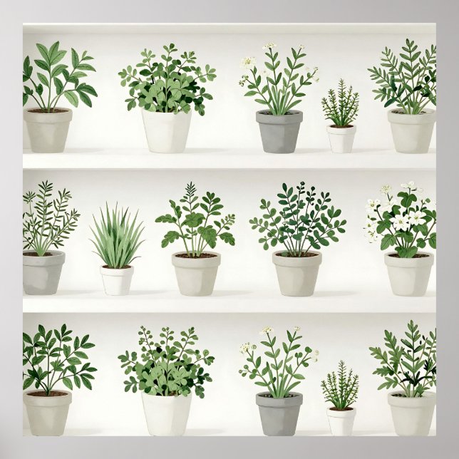 Watercolor Potted Herbs Shelf Pattern Poster (Front)