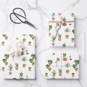Watercolor Potted Houseplants Pattern Wrapping Paper Sheet