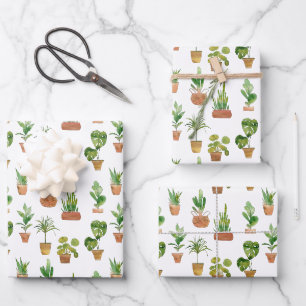 Watercolor Potted Houseplants Pattern Wrapping Paper Sheet