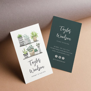Watercolor Potted Houseplants Signature Script Business Card
