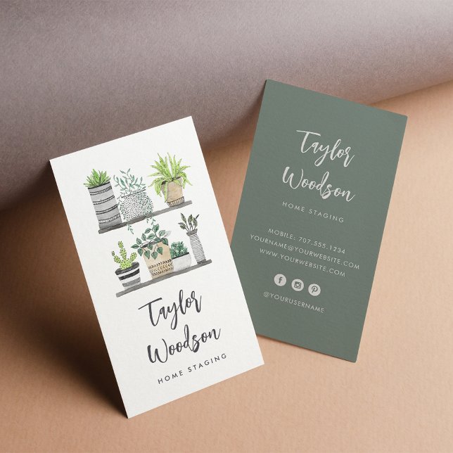 Watercolor Potted Houseplants Signature Script Business Card (Creator Uploaded)
