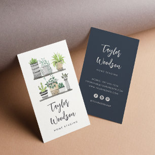 Watercolor Potted Houseplants Signature Script Business Card