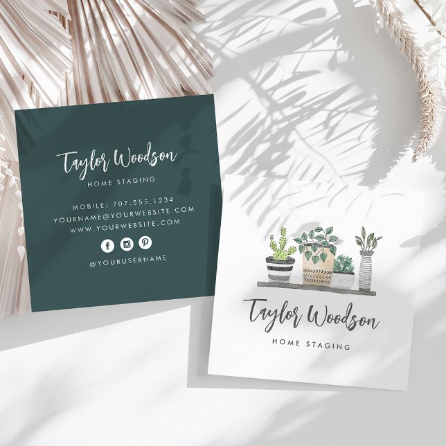 Watercolor Potted Houseplants Signature Script Square Business Card (Creator Uploaded)