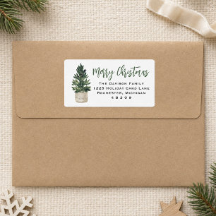 Watercolor Potted Pine Christmas Family Address Label