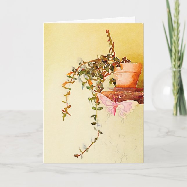 Watercolor Potted Plant and Butterfly Holiday Card (Front)