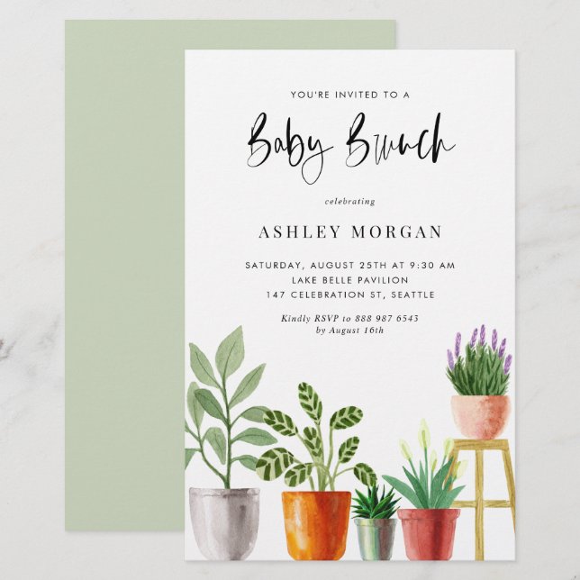 Watercolor Potted Plants Baby Brunch Invitation (Front/Back)