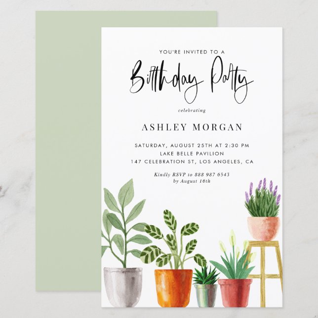 Watercolor Potted Plants Birthday Party Invitation (Front/Back)