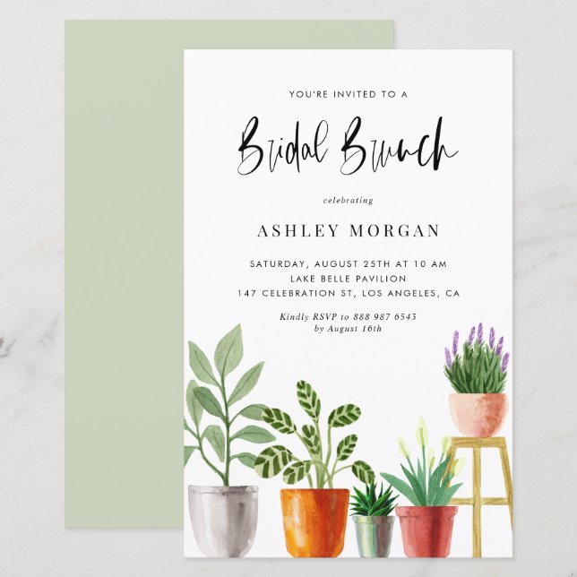 Watercolor Potted Plants Bridal Brunch Invitation (Front/Back)