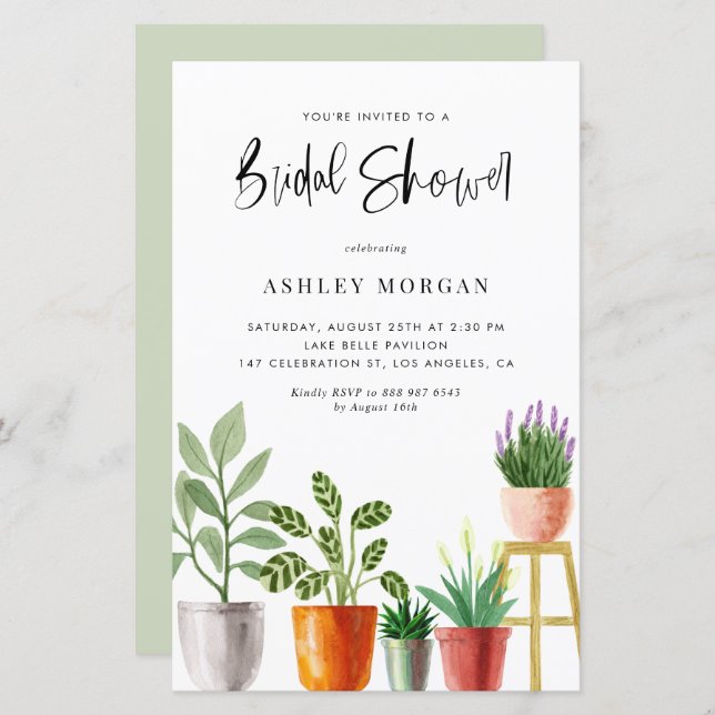 Watercolor Potted Plants Bridal Shower Invitation (Front/Back)