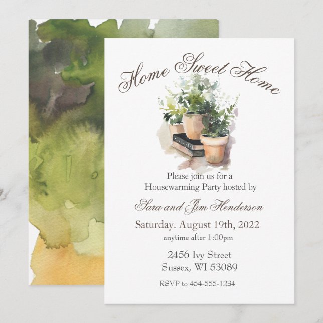 Watercolor Potted Plants Housewarming Invitation (Front/Back)