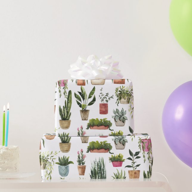 Watercolor Potted Plants Pattern Wrapping Paper (Party Gifts)