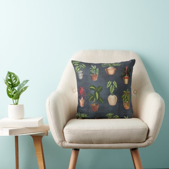 Watercolor Potted Plants Rustic Pattern Black Cushion (Chair)