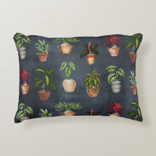Watercolor Potted Plants Rustic Pattern Black Decorative Cushion