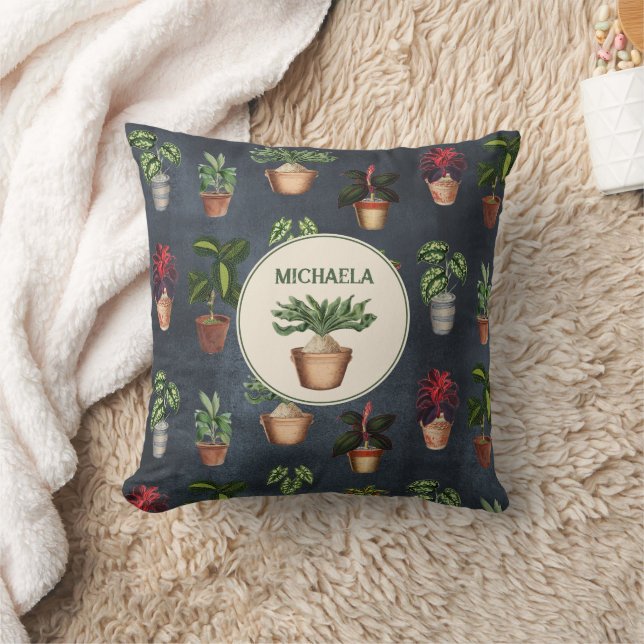 Watercolor Potted Plants Rustic Pattern Black Name Cushion (Blanket)