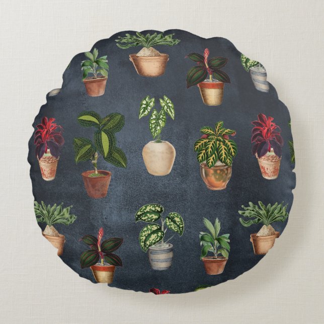 Watercolor Potted Plants Rustic Pattern Black Round Cushion (Front)