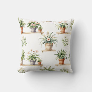 Watercolor Potted Plants Shelf Pattern Cushion