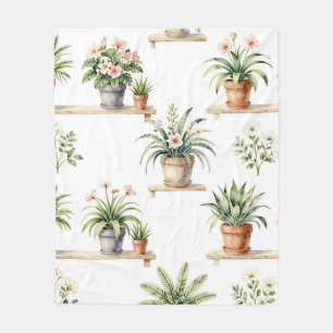 Watercolor Potted Plants Shelf Pattern Fleece Blanket