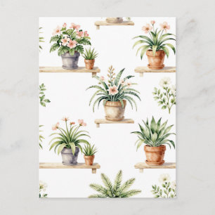 Watercolor Potted Plants Shelf Pattern Postcard
