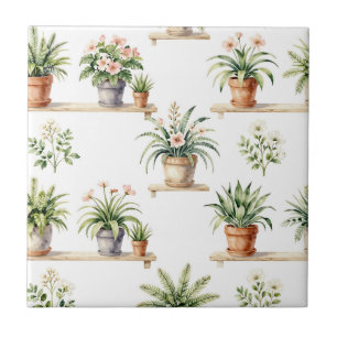 Watercolor Potted Plants Shelf Pattern Tile