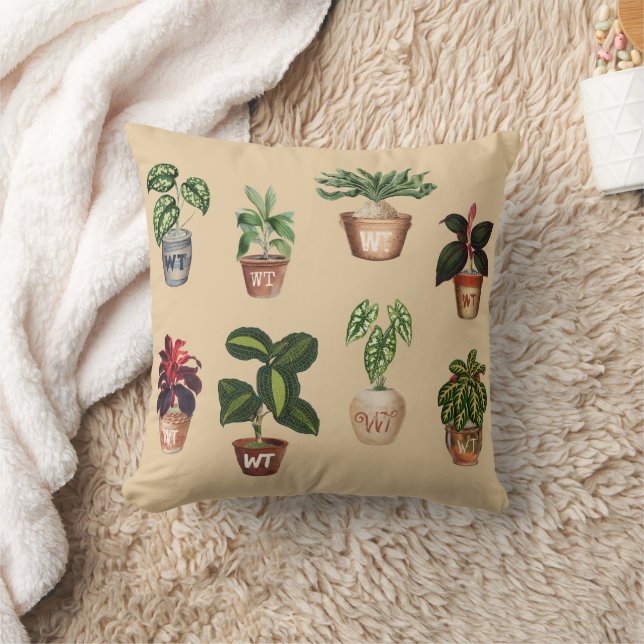 Watercolor Potted Plants Terracotta Pots Monogram Cushion (Blanket)