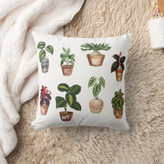 Watercolor Potted Plants Terracotta Pots Monogram Cushion (Blanket)