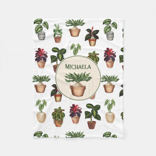 Watercolor Potted Plants Terracotta Pots Name Fleece Blanket (Front)