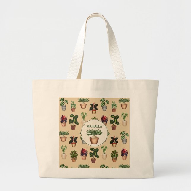 Watercolor Potted Plants Terracotta Pots Name Large Tote Bag (Front)