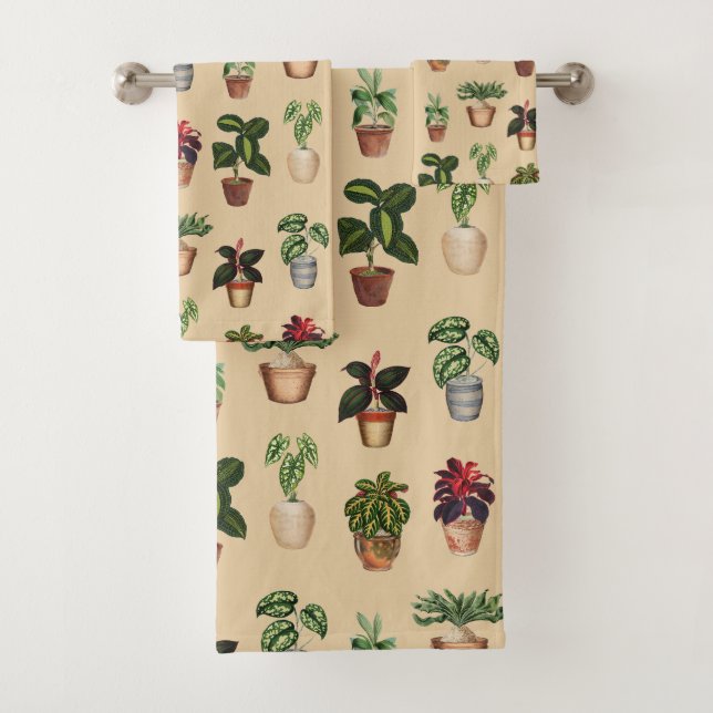 Watercolor Potted Plants Terracotta Pots Pattern  Bath Towel Set (Insitu)