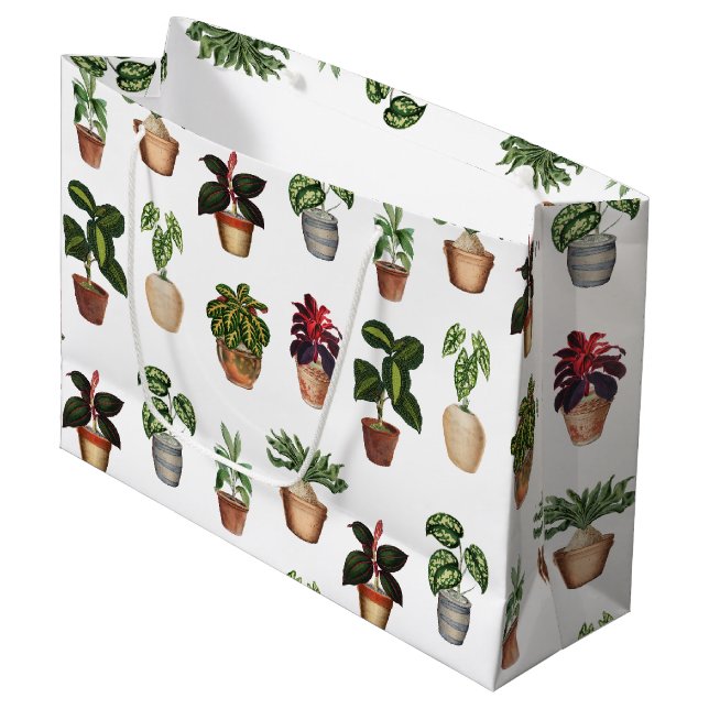 Watercolor Potted Plants Terracotta Pots Pattern  Large Gift Bag (Front Angled)