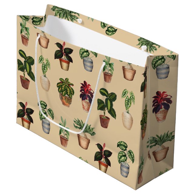 Watercolor Potted Plants Terracotta Pots Pattern  Large Gift Bag (Front Angled)