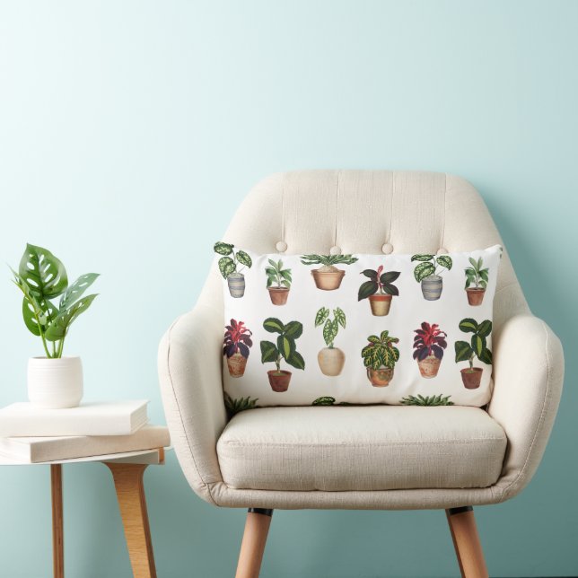 Watercolor Potted Plants Terracotta Pots Pattern  Lumbar Cushion (Chair)