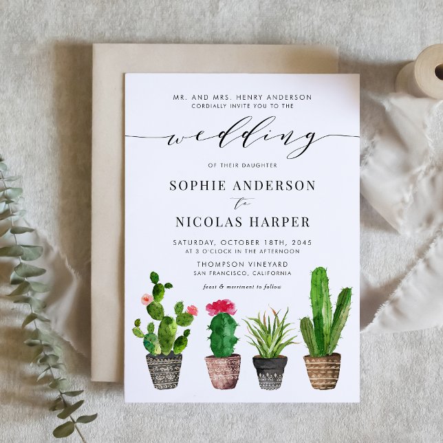 Watercolor Potted Succulents and Cacti Wedding Invitation (Creator Uploaded)
