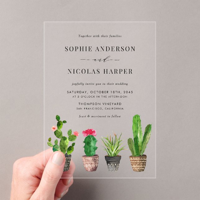 Watercolor Potted Succulents and Cactus Wedding  Acrylic Invitations (Insitu (Handheld))