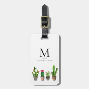 Watercolor Potted Succulents Monogram Luggage Tag