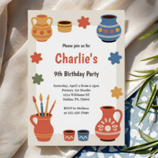 Watercolor Pottery Painting Birthday Party Invitation