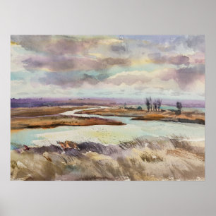 Watercolor prairie landscape. Ukrainian art Poster