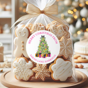 Watercolor Preppy Bright Christmas Tree Address Classic Round Sticker